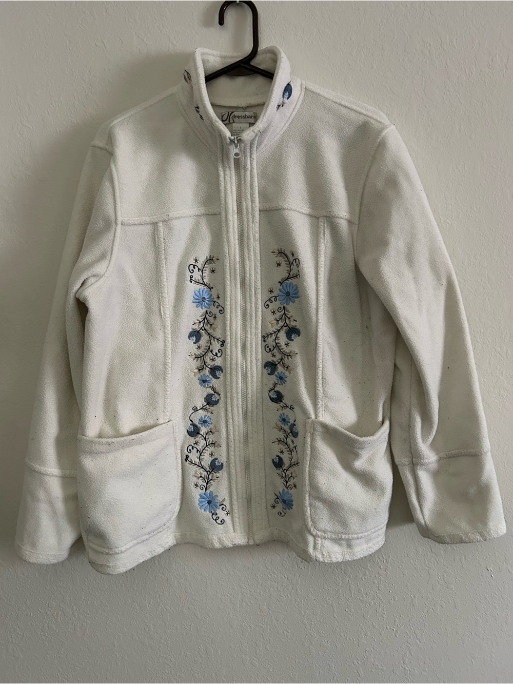 White Fleece Jacket with Floral Embroidery